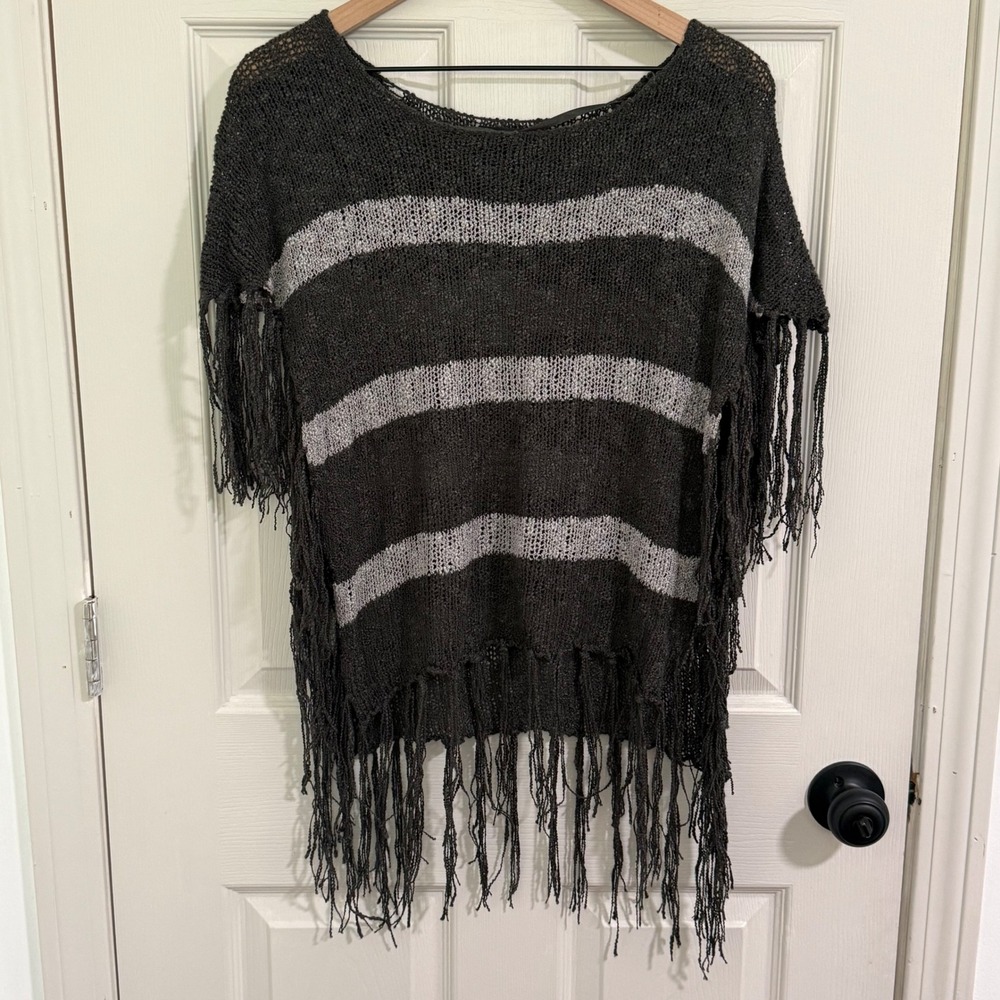 Wet Seal Fringe Cover Up Sweater Womens S/M Vtg Black Gray Boho Festival Beach